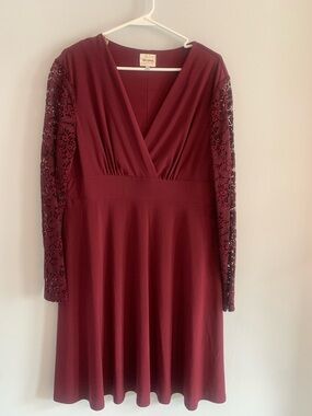 ASHLEY GRAHAM Burgundy Long-Sleeve Lace V-Neck Fit & Flare Dress